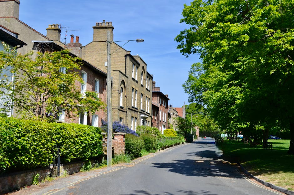 A residential street scene showing a row of multi-story Victorian-style terraced houses with brick facades and chimneys, situated alongside a narrow, gently curved asphalt road. The houses have front 